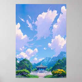 Póster Santuario japonés bajo cielo de verano