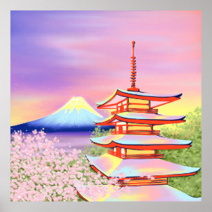 Póster Santuario Pagoda con el Monte Fuji y Sakura en Jap