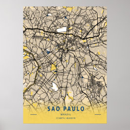 Póster Sao Paulo - Mapa de la ciudad amarilla de Brasil