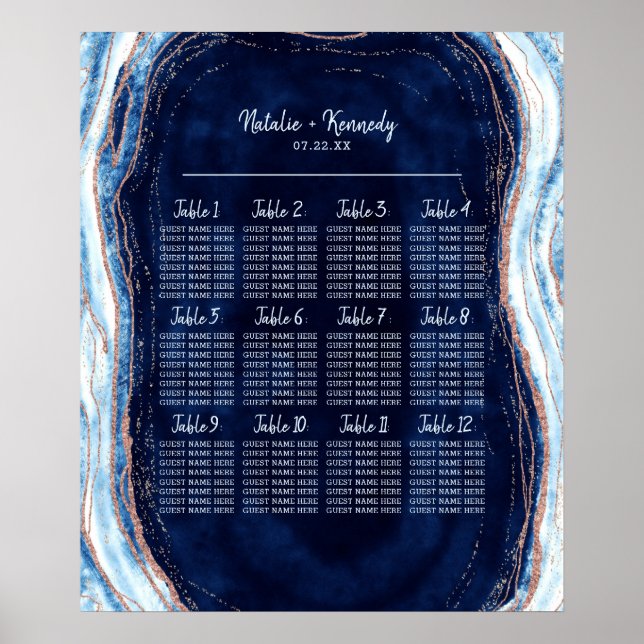 Póster Sapphire Blue Geode Wedding Table Seating Chart (Frente)