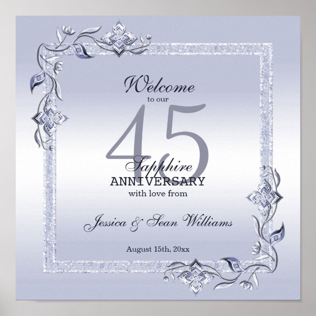 Póster Sapphire Gem y Purpurina 45° Aniversario del Boda (Frente)