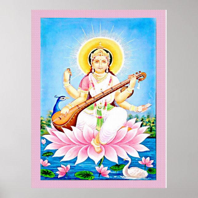 Póster Saraswati sentada en una flor de loto (Frente)