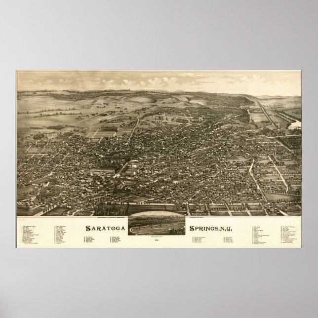 Póster Saratoga Springs 1888, NY Birds Eye Panoramic Map (Frente)