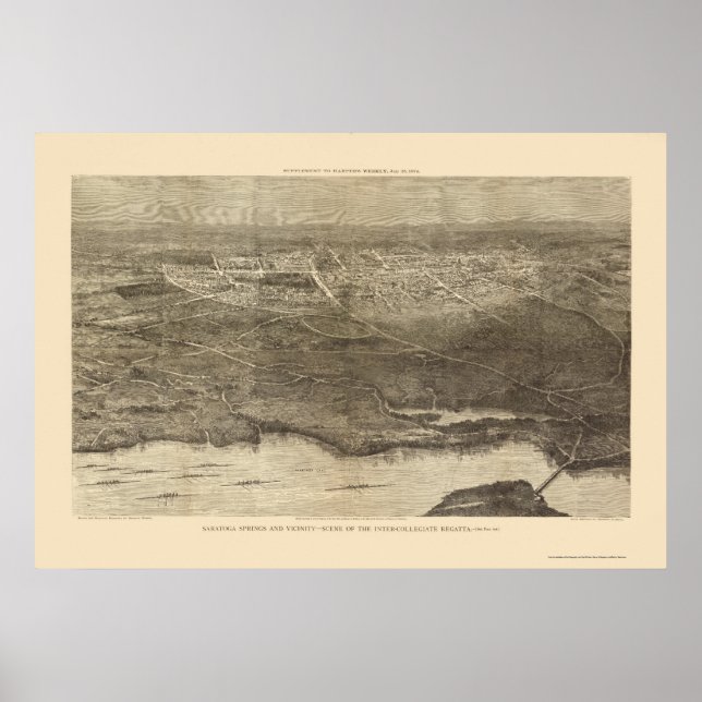 Póster Saratoga Springs, Mapa Panorámico NY - 1874 (Frente)
