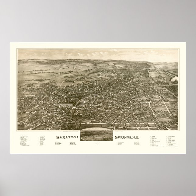 Póster Saratoga Springs, NY Panoramic Map - 1888 (Frente)