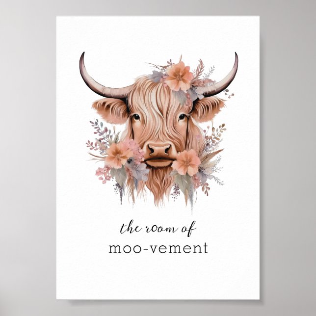 Póster Sarcástico Floral Highland Cow Bathroom Wall Art (Frente)