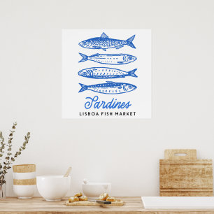 Póster Sardinas del Mercado de Lisboa Dibujadas a Mano