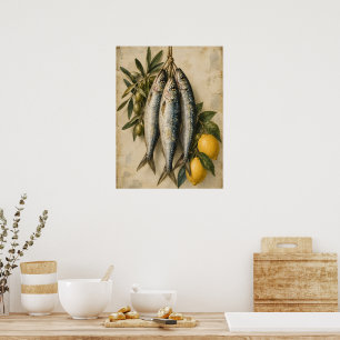 Póster Sardinas Vintage con Limones y Aceitunas Mediterrá