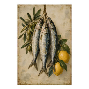 Póster Sardinas Vintage con Limones y Aceitunas Mediterra