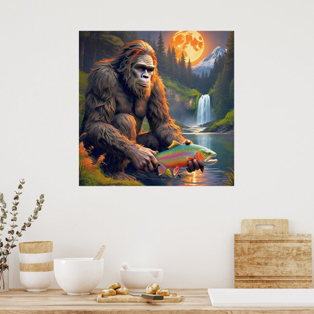 Póster Sasquatch atrapando trucha arco iris (Cocina)