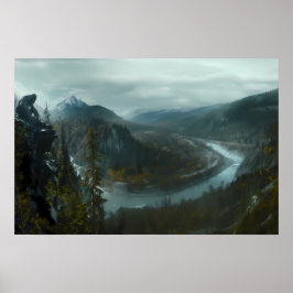 Póster Sasquatch con vistas a un pintoresco valle de mont