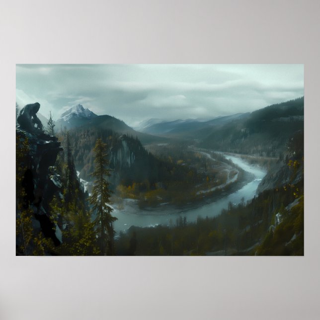 Póster Sasquatch con vistas a un pintoresco valle de mont (Frente)