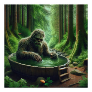 Póster Sasquatch de pie gigante con baño en el bosque