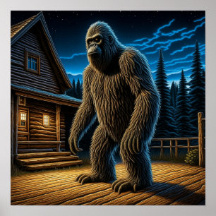 Póster Sasquatch frente a Log Cabin en los bosques