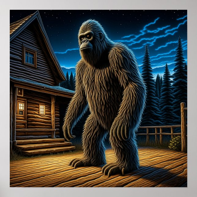 Póster Sasquatch frente a Log Cabin en los bosques (Frente)