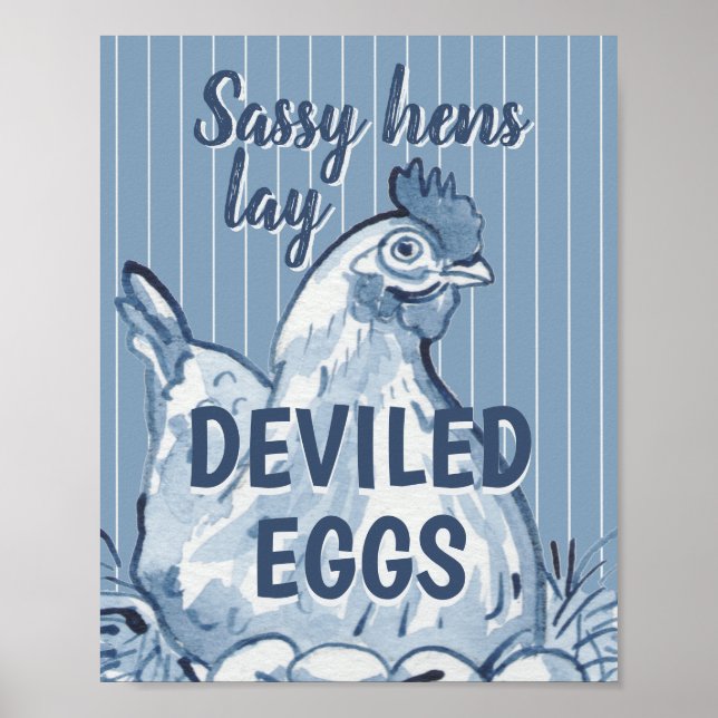 Póster Sassy Hens Lay Deviled Eggs Funny Blue Chicken Art (Frente)