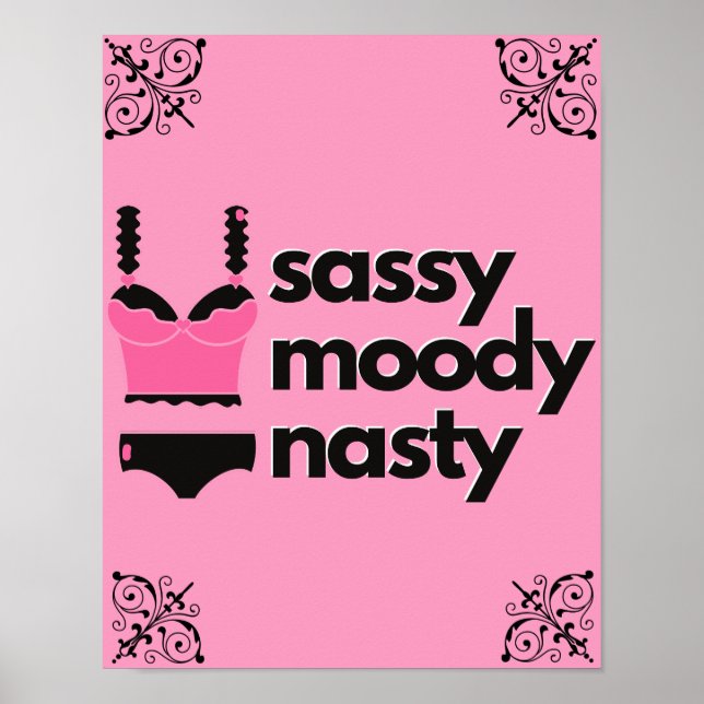 Póster Sassy, Moody, Nasty|Ropa interior de encaje rosa y (Frente)