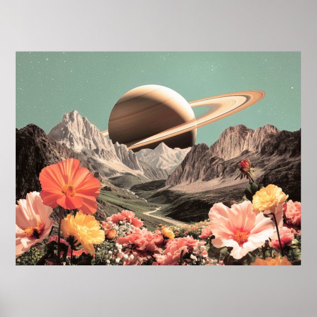 Póster Saturno Surreal Sobre el Valle de la Montaña (Frente)