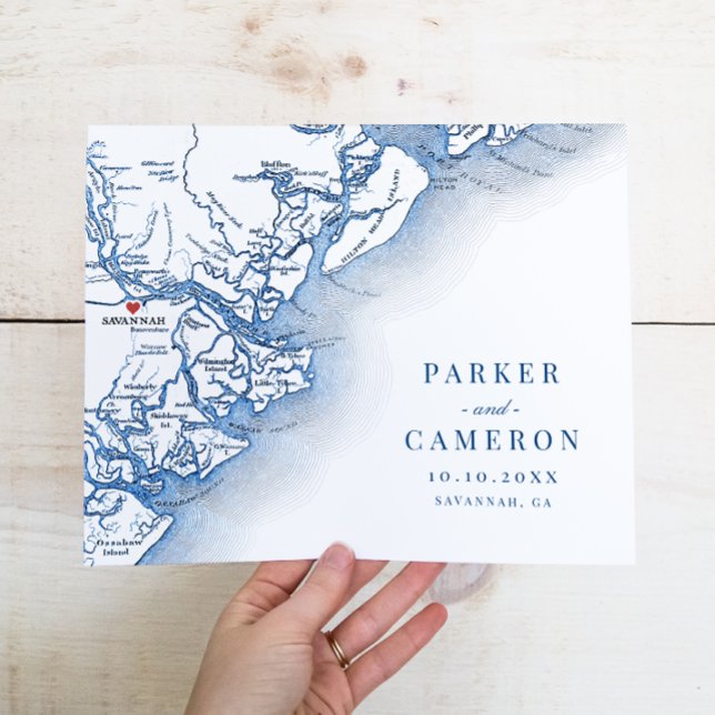 Póster Savannah GA Map Boda Keepsake Wall Art Print (Savannah GA Wedding Map Elegant Keepsake Art Print in navy blue from Coastal Map Designs)
