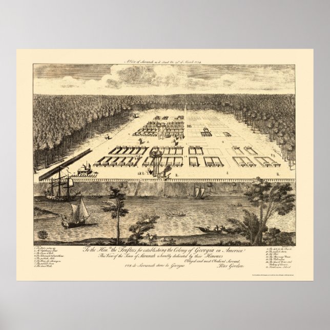 Póster Savannah, GA Mapa Panorámico - 1734 (Frente)