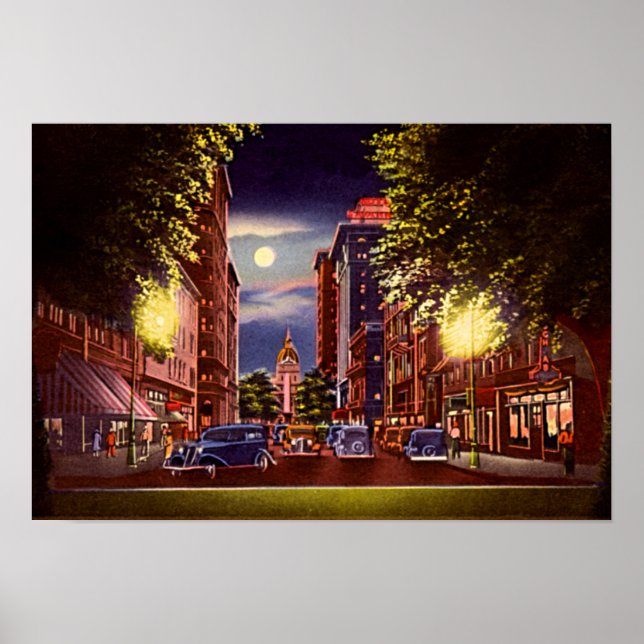 Póster Savannah, Georgia Bull Street en la noche (Frente)