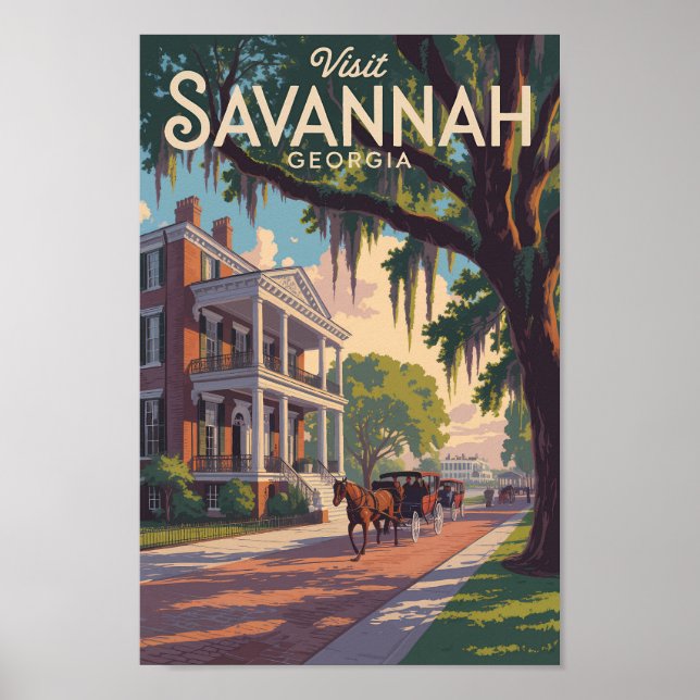 Póster Savannah Georgia Horse Carrier Ilustracion Retro (Frente)