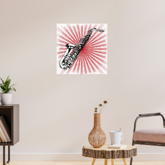 Póster Saxofón en la ráfaga de sol rojo Grunge
