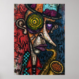 Póster Saxofonista de jazz grotesco con ojo en espiral