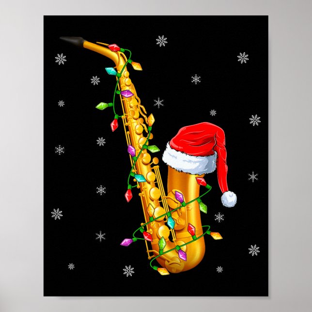 Póster Saxophone Music Lover Xmas Lights Santa Saxophone  (Frente)