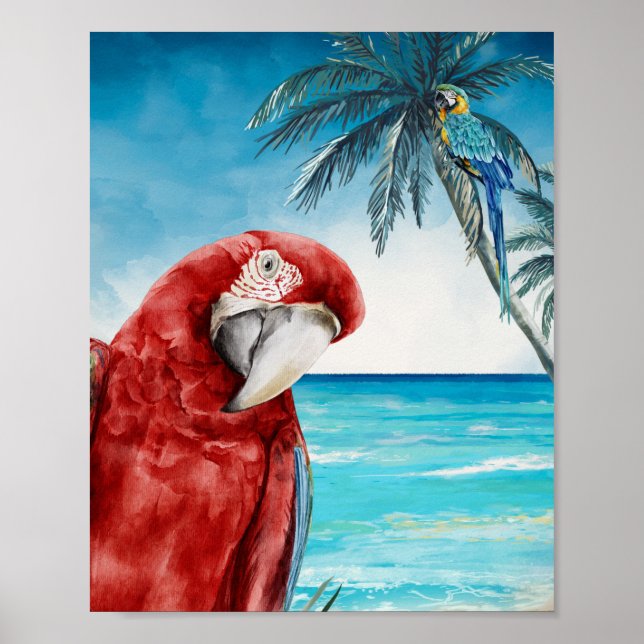 Póster Scarlet Macaw Parrot Watercolor Tropical (Frente)