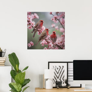 Póster "Scarlet Trio: Fincas rojas entre flores rosadas"
