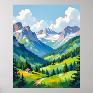 Póster Scenic Alpine Landscape – Lush Valley and Snow
