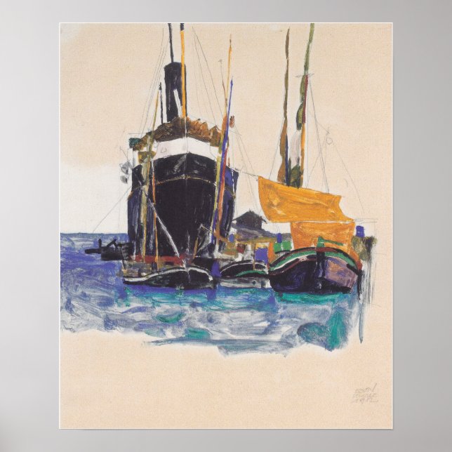 Póster Schiele - Barcos de vapor y veleros, Trieste Har… (Frente)