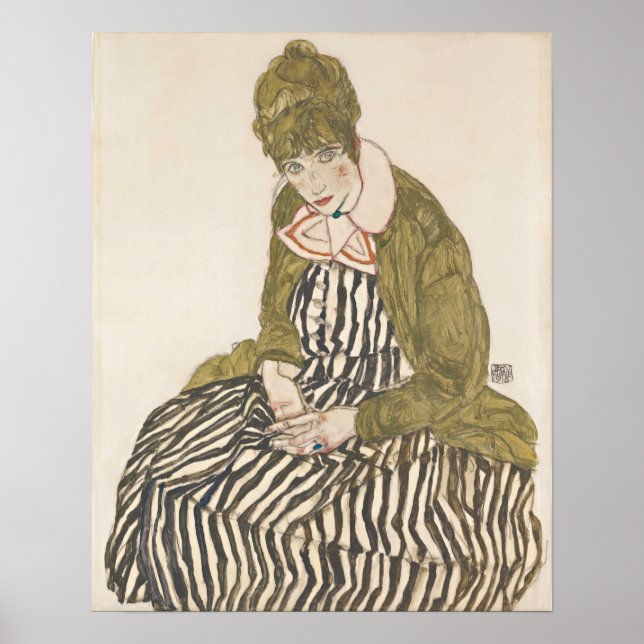 Póster Schiele - Edith con vestido a rayas sentada (Frente)