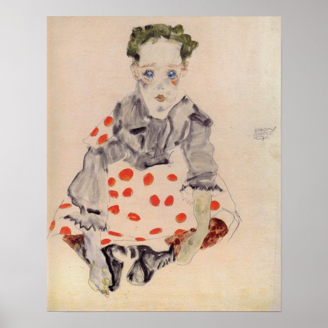 Póster Schiele - Muchacha con vestido de lunares 1911 (Frente)