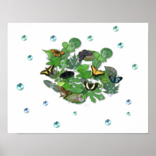 Póster Schmetterlinge mit Blätter, Regentropfen, Perlen
