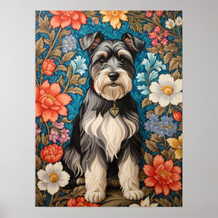 Póster Schnauzer Alegre Floral Inspirado en William Morri