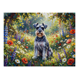 Póster Schnauzer en prado de flores silvestres