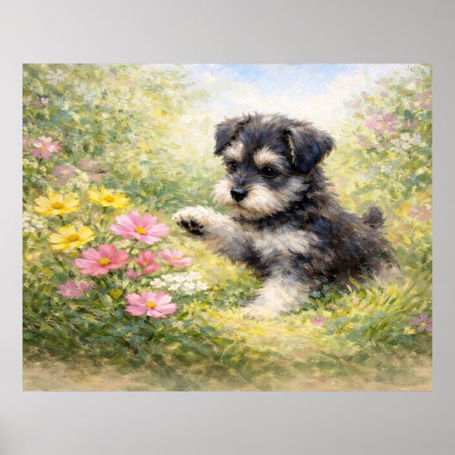 Póster Schnauzer Puppy Springtime Flowers (Frente)