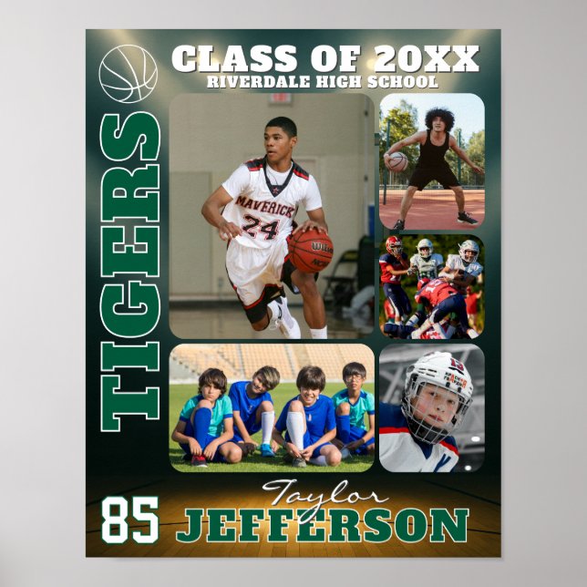 Póster School Basketball Player Custom Name Photo Collage (Frente)