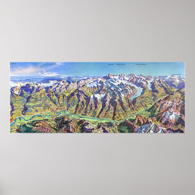 Póster "Schweiz: 1960er/heute - Wallis Panoramakarte (Frente)