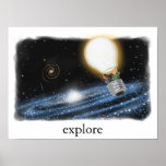 Póster Science Literacy Poster<br><div class="desc">illustration of two children with books traveling the galaxy in a light bulb shaped balloon</div>