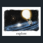Póster Science Literacy Poster<br><div class="desc">illustration of two children with books traveling the galaxy in a light bulb shaped balloon</div>