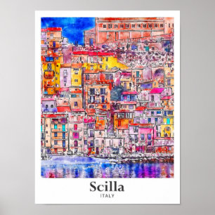 Póster Scilla Italia Viaje Mano de agua de color