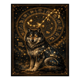 Póster Scorpio Wolf Zodiac Wheel Constellation Celestial 