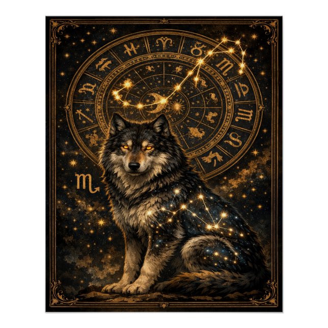 Póster Scorpio Wolf Zodiac Wheel Constellation Celestial  (Anverso)