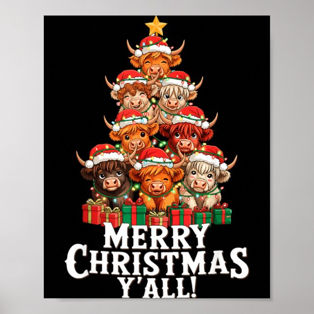 Póster Scottish Highland Cow Christmas Tree Funny Cow Lov (Frente)