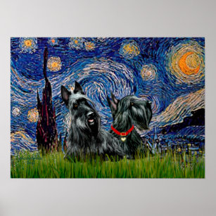 Póster Scottish Terrier (dos negros) - Noche estrellada