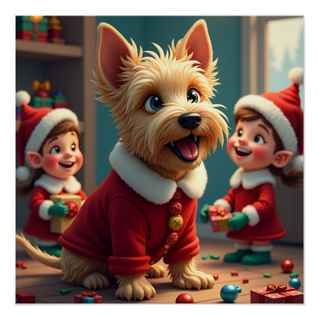Póster Scottish Terrier Helping Santa’s Elves Christmas (Anverso)