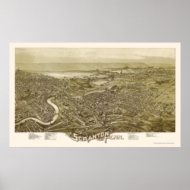 Póster Scranton, Mapa Panorámico PA - 1890 (Frente)
